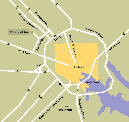 A map showing driving directions to McDonogh School.